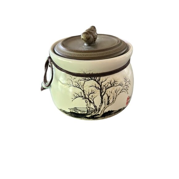 Traditional Ceramic Tea Jar Box Sealed Storage with Lid & Tree Pattern - Picture 1 of 11